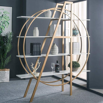 4-Tier Bookshelf Round Bookcase Modern Display Shelf in White & Gold-Bookcases & Bookshelves,Furniture,Office Furniture